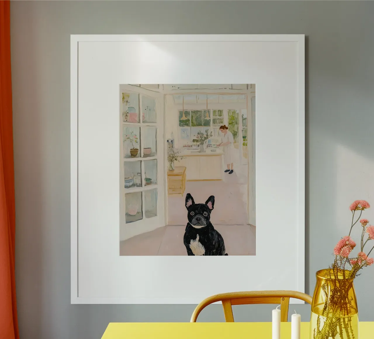 Bulldog francese in un caffè, arte animale astratta carina poster con telaio in alluminio da Little Lila