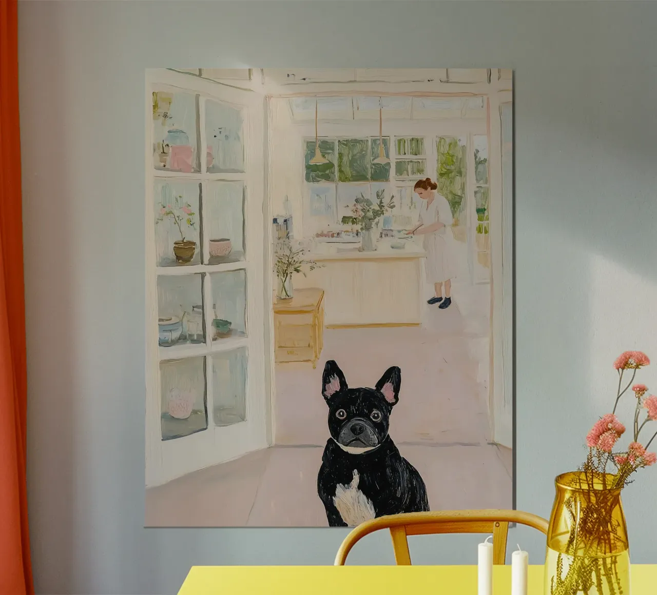 Bulldog francese in un caffè, arte animale astratta carina poster con telaio in alluminio da Little Lila
