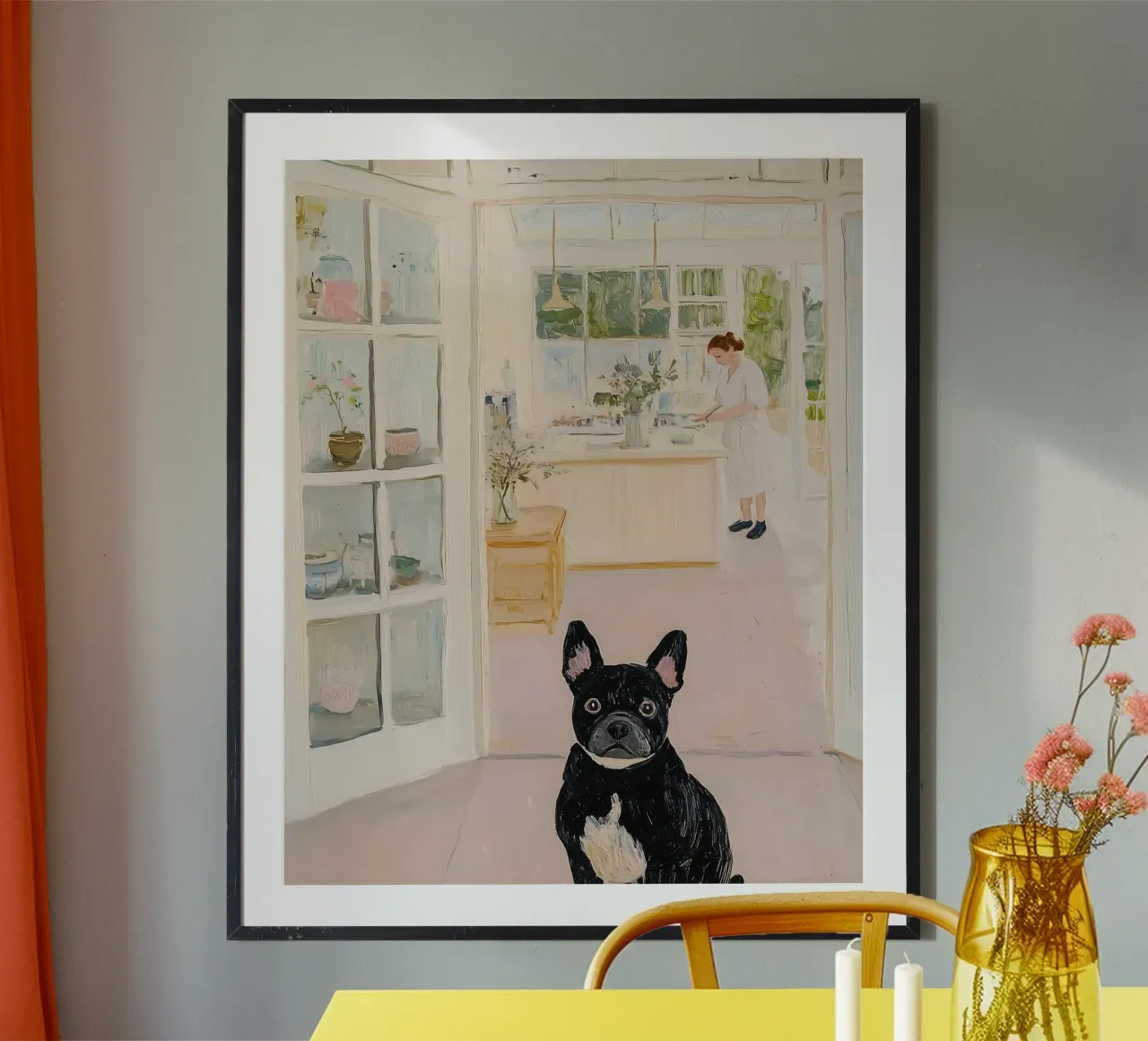 Bulldog francese in un caffè, arte animale astratta carina poster con telaio in alluminio da Little Lila