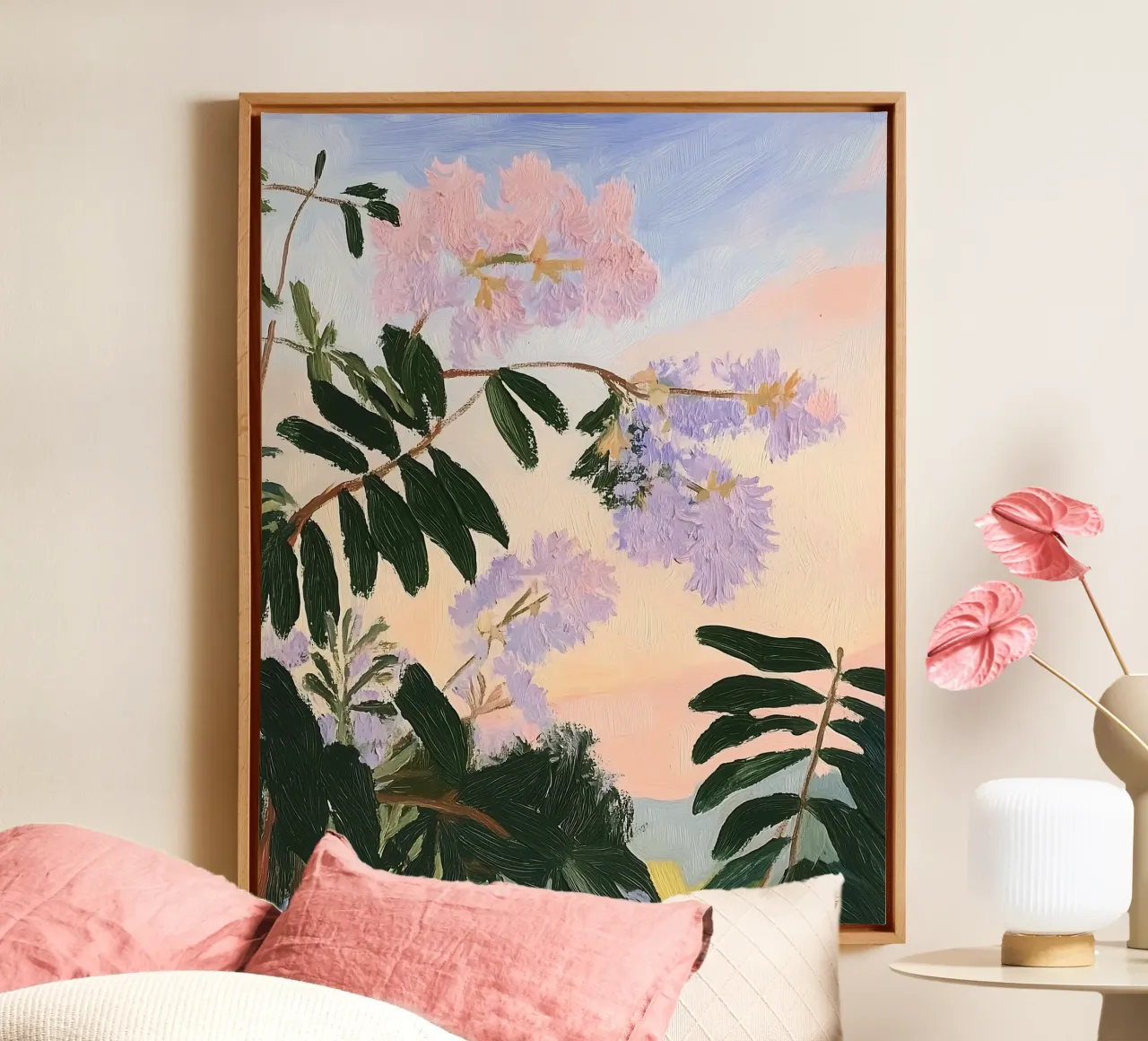 Bloemenprint, Zonsondergang, Abstract Bloemenschilderij canvas met Baklijst van Little Lila