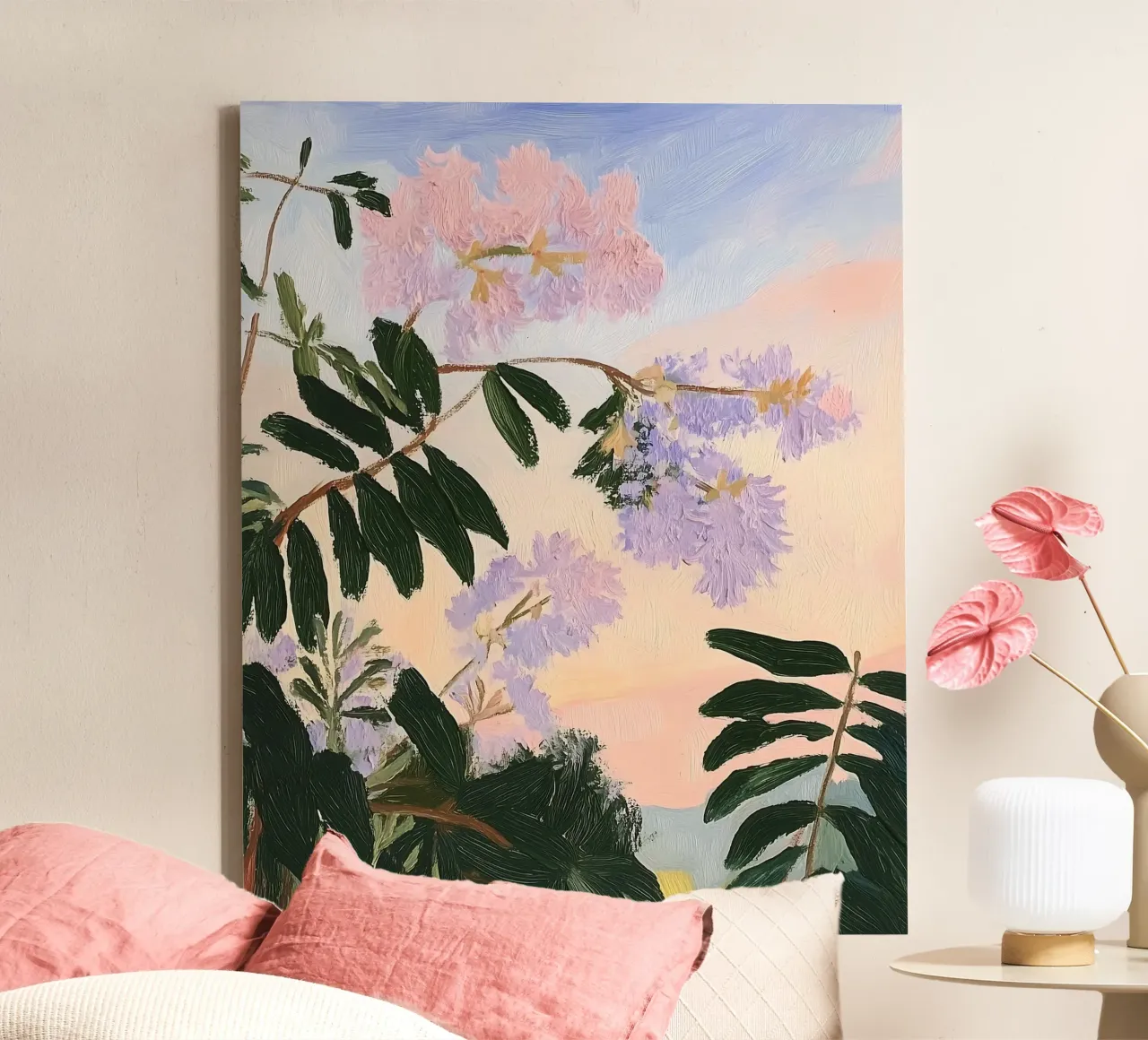 Bloemenprint, Zonsondergang, Abstract Bloemenschilderij canvas met Baklijst van Little Lila