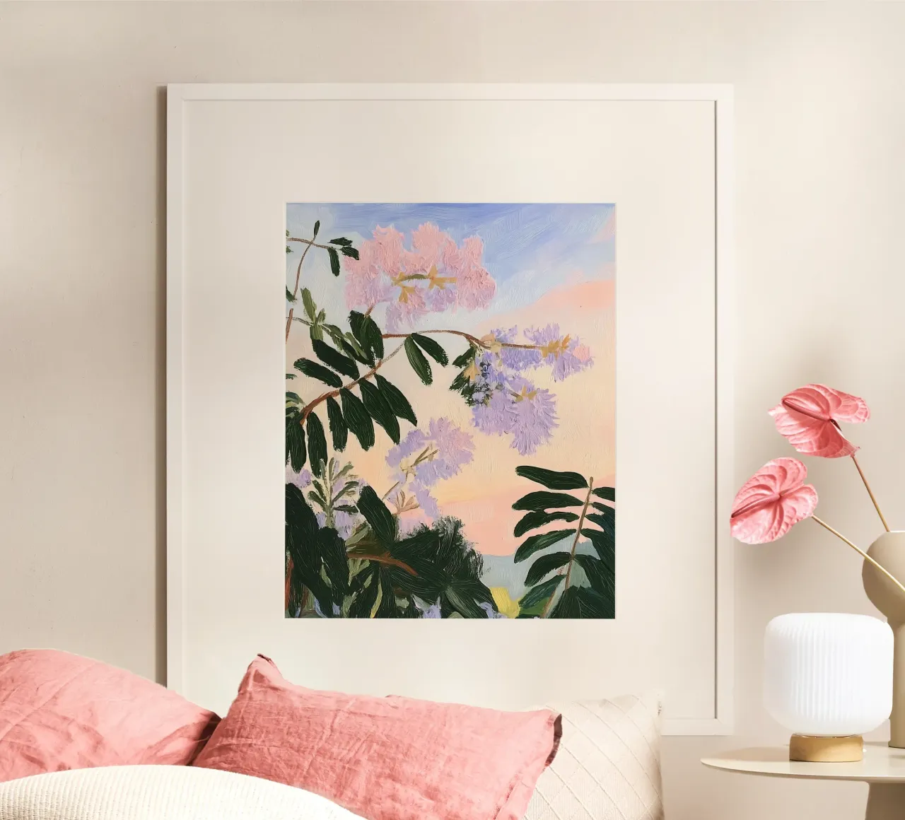 Bloemenprint, Zonsondergang, Abstract Bloemenschilderij poster met aluminium frame van Little Lila