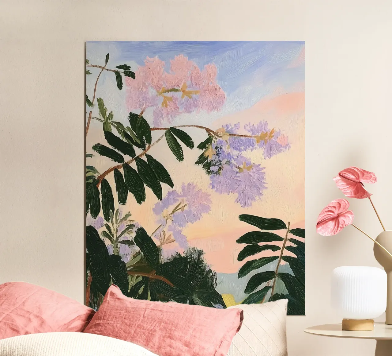 Bloemenprint, Zonsondergang, Abstract Bloemenschilderij poster met aluminium frame van Little Lila