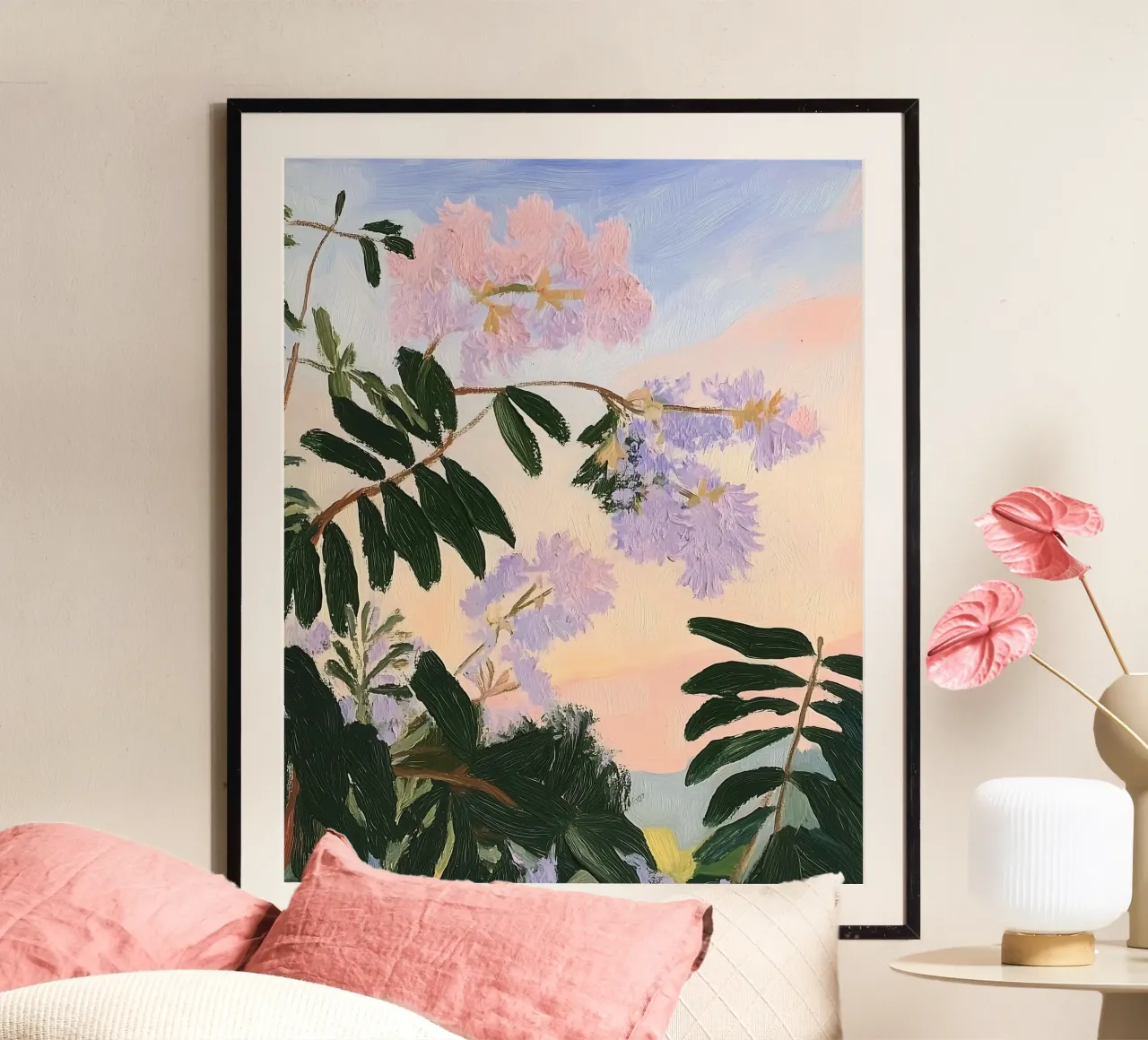 Bloemenprint, Zonsondergang, Abstract Bloemenschilderij poster met aluminium frame van Little Lila
