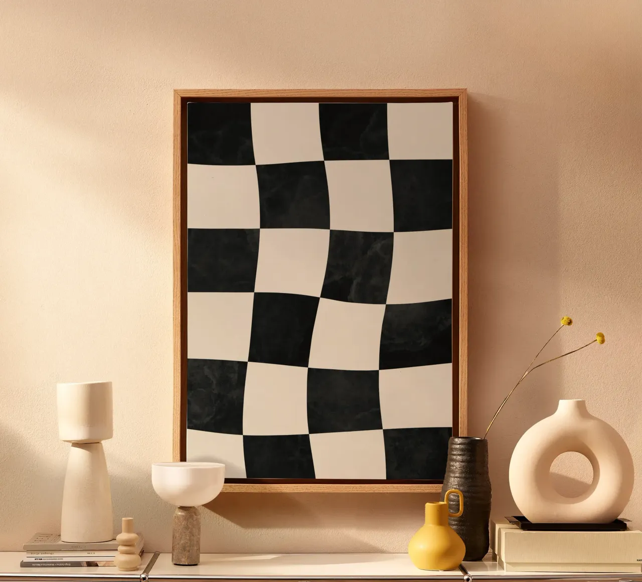 Black and beige checkerboard canvas with Floater frame by Sixmai