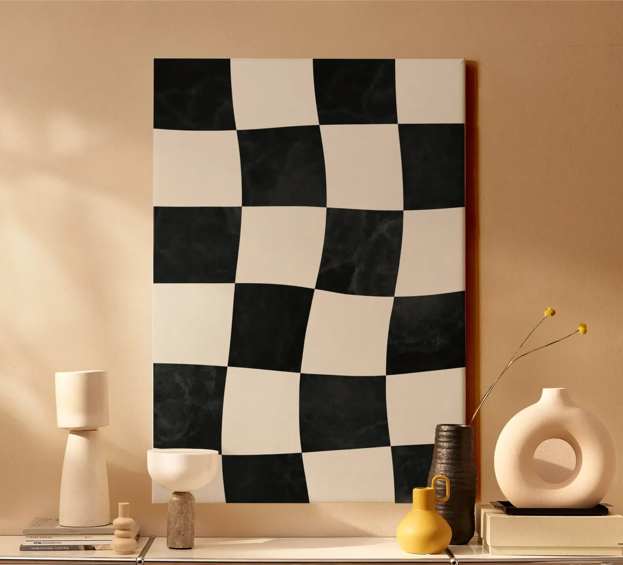 Black and beige checkerboard canvas with Floater frame by Sixmai