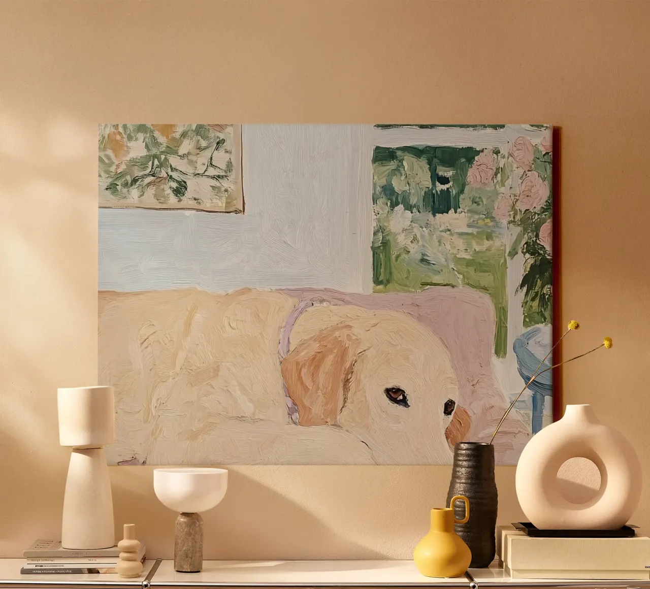 Labrador Retriever, abstracte moderne kunst, dierenliefhebber print canvas met Baklijst van Little Lila
