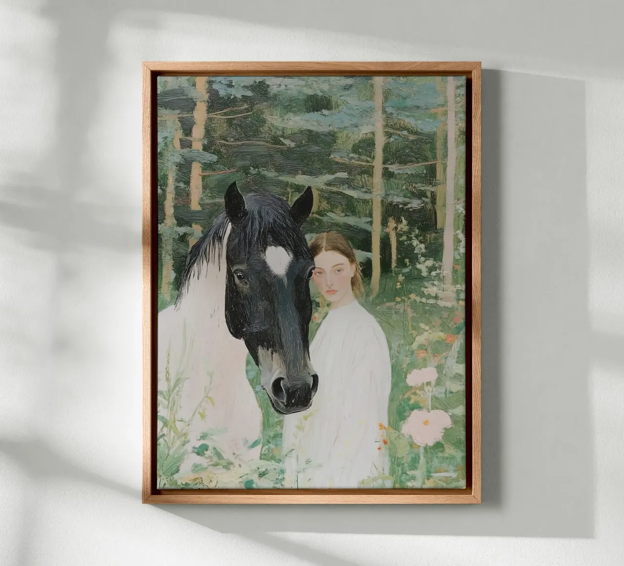 Paard in bos, abstract schilderij van vrouw, natuurprint canvas met Baklijst van Little Lila