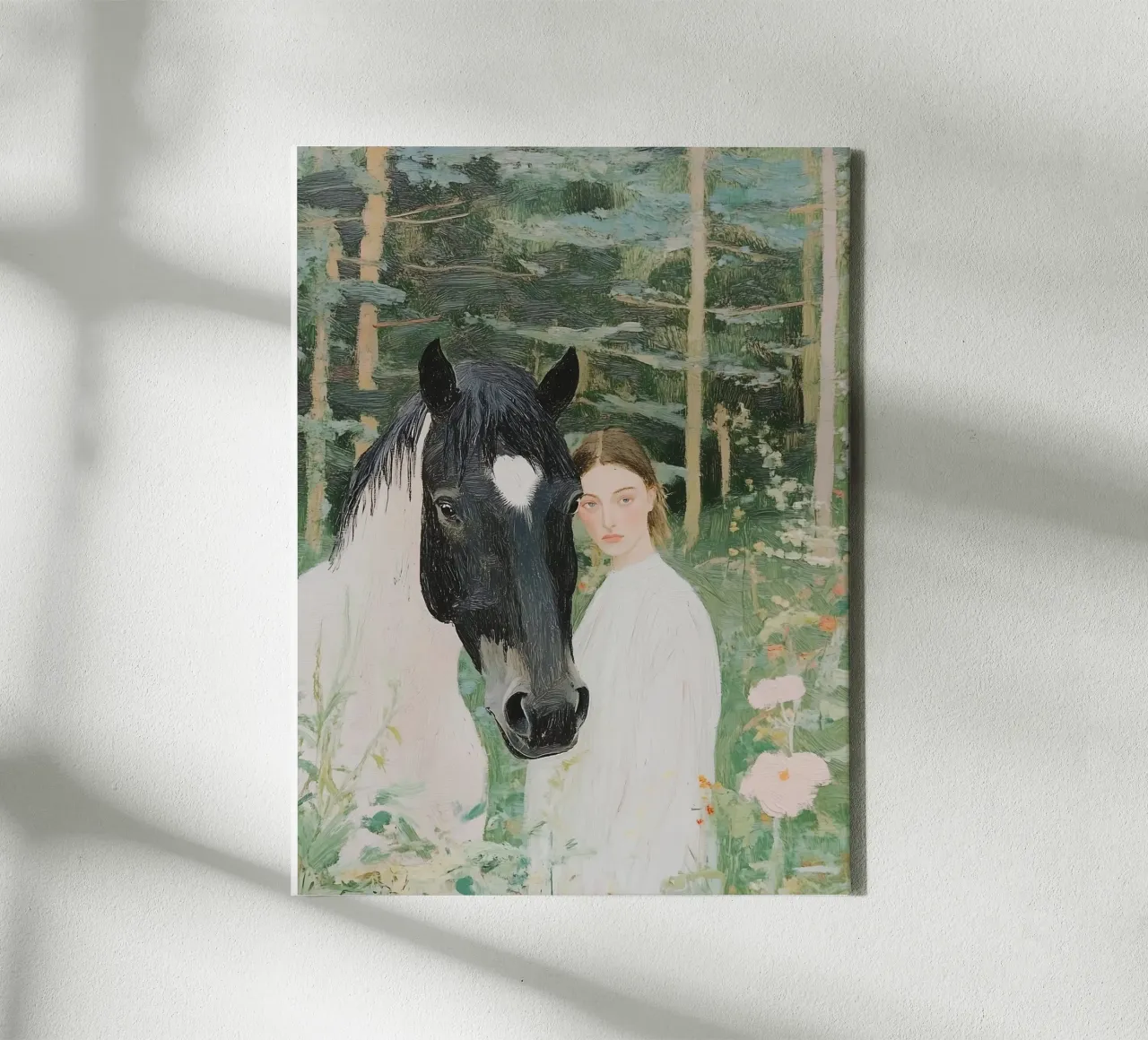 Paard in bos, abstract schilderij van vrouw, natuurprint canvas met Baklijst van Little Lila