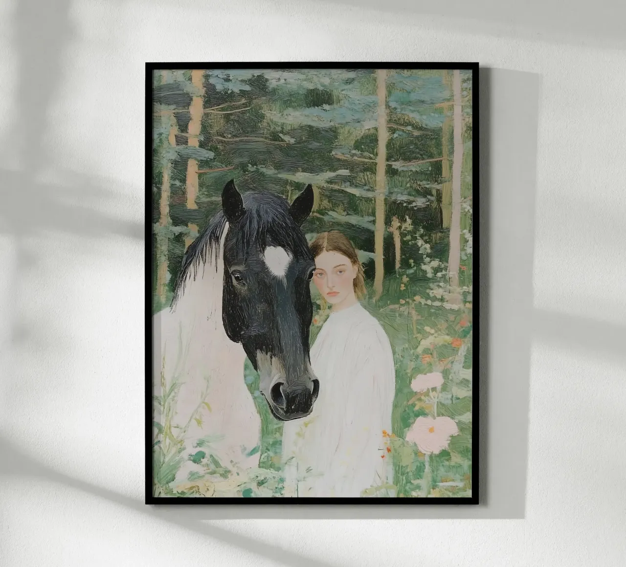 Paard in bos, abstract schilderij van vrouw, natuurprint poster met aluminium frame van Little Lila