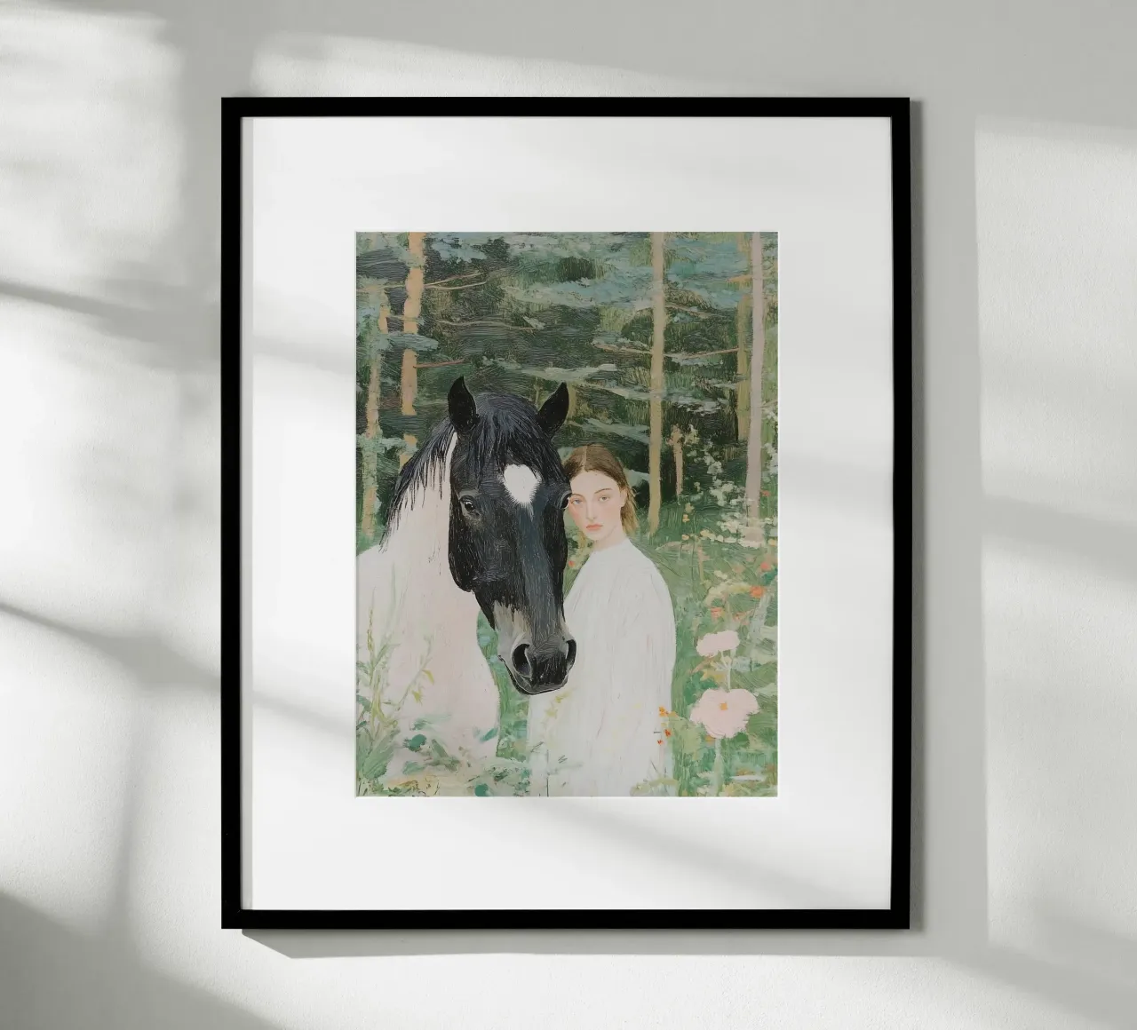 Paard in bos, abstract schilderij van vrouw, natuurprint poster met aluminium frame van Little Lila