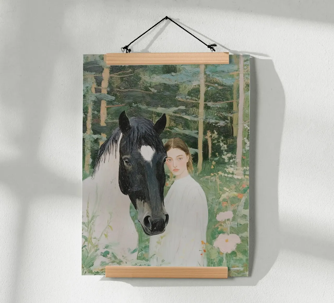 Paard in bos, abstract schilderij van vrouw, natuurprint poster met aluminium frame van Little Lila