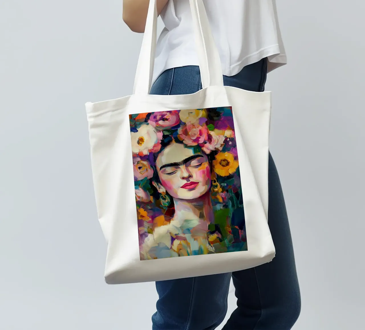 Frida Flowery beauty tote bag by Carinaprint