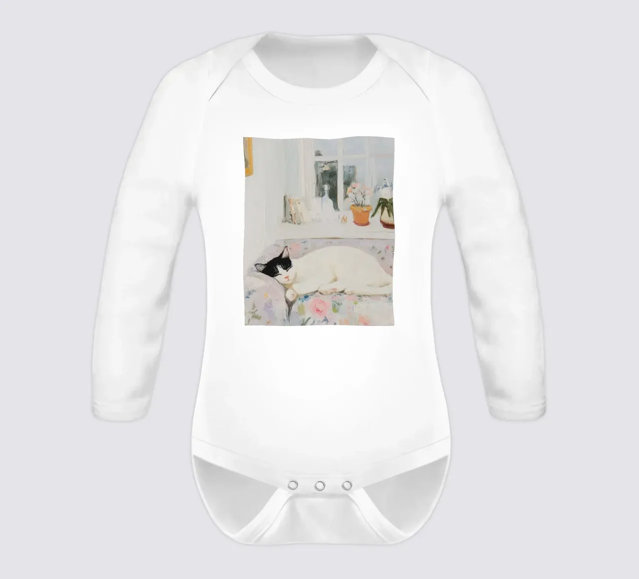 Schlafende Katze mit Blumen Langarm Babybody von Little Lila