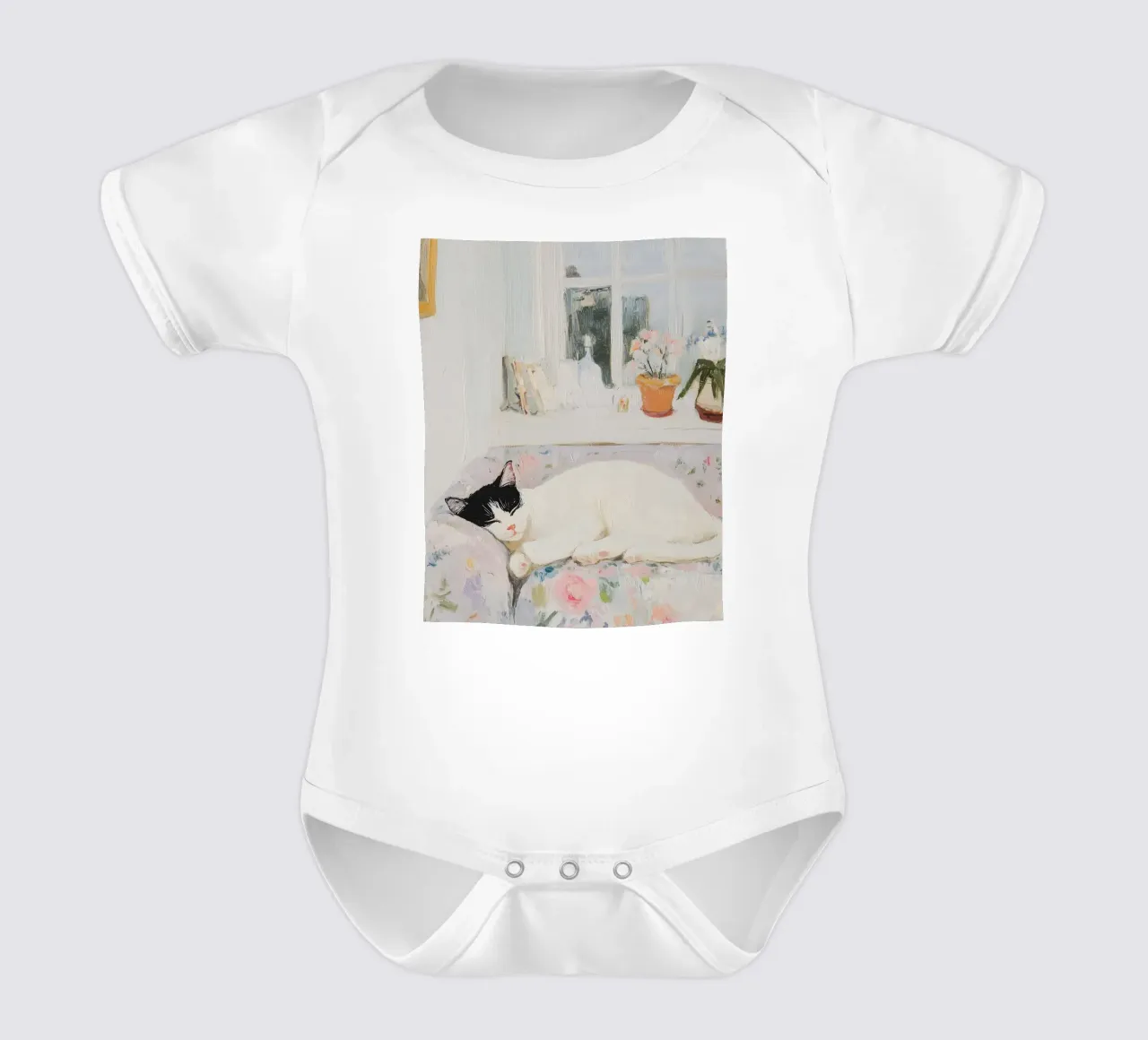 Gatto addormentato con fiori body neonato maniche corte da Little Lila