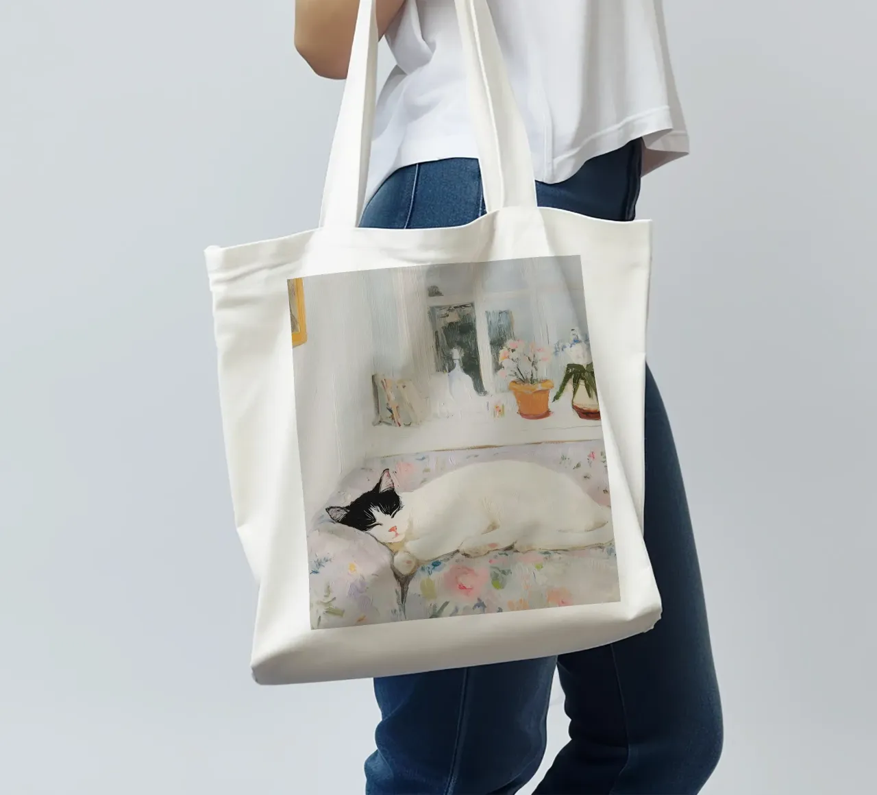 Schlafende Katze mit Blumen Jutebeutel von Little Lila