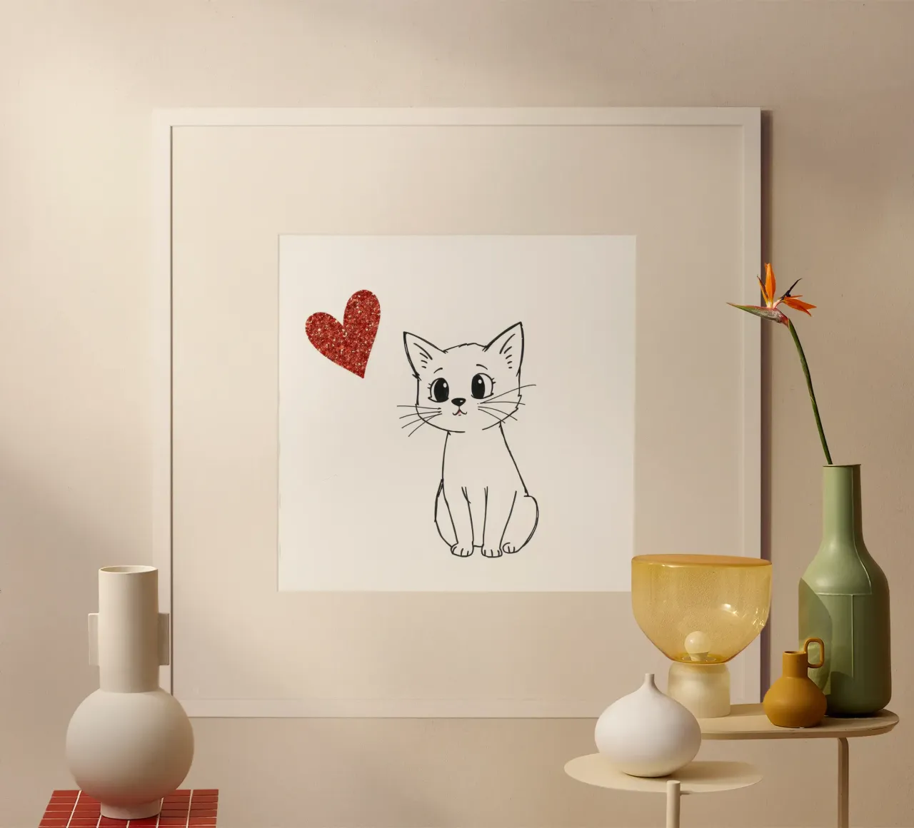 Gatto con il cuore poster con telaio in legno da Anita's Dream