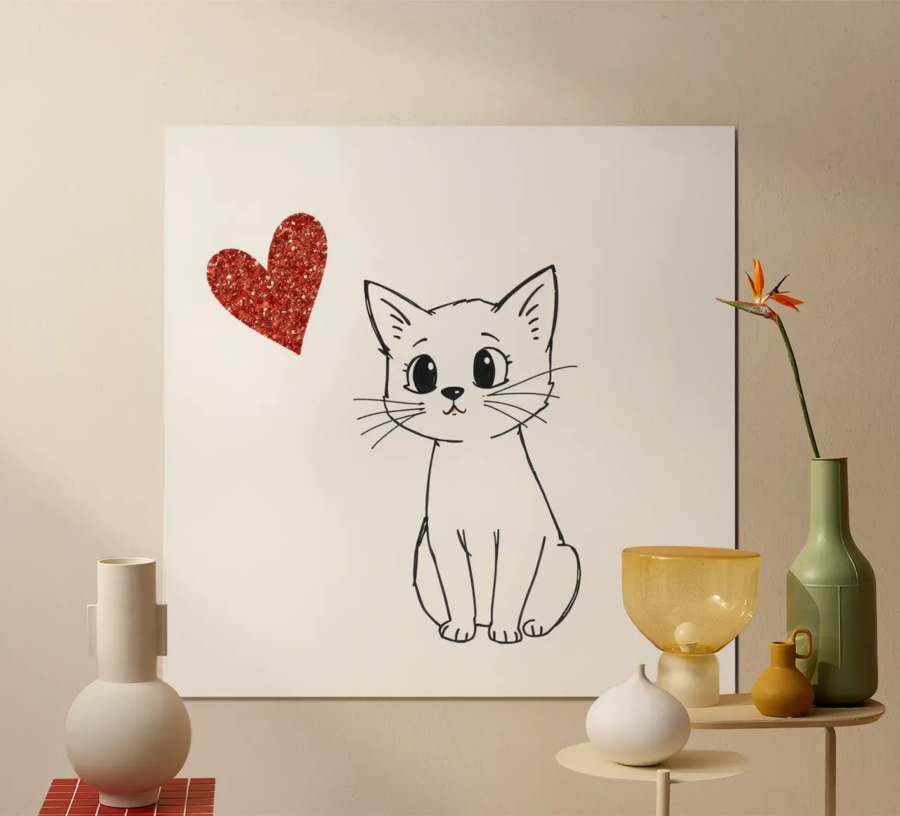 Gatto con il cuore poster con telaio in legno da Anita's Dream