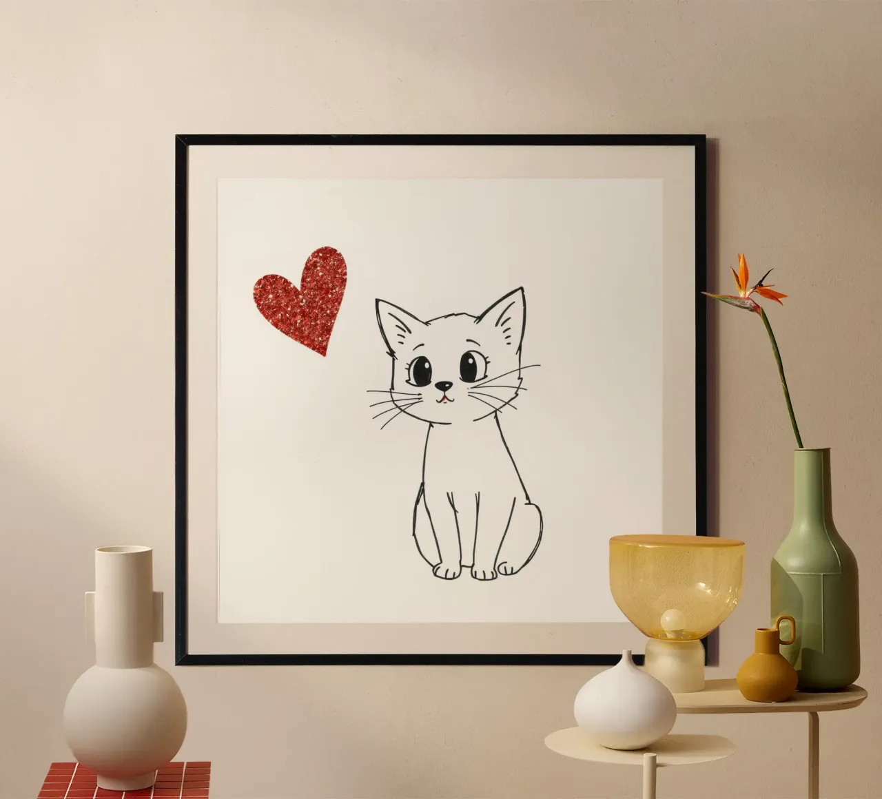 Gatto con il cuore poster con telaio in legno da Anita's Dream