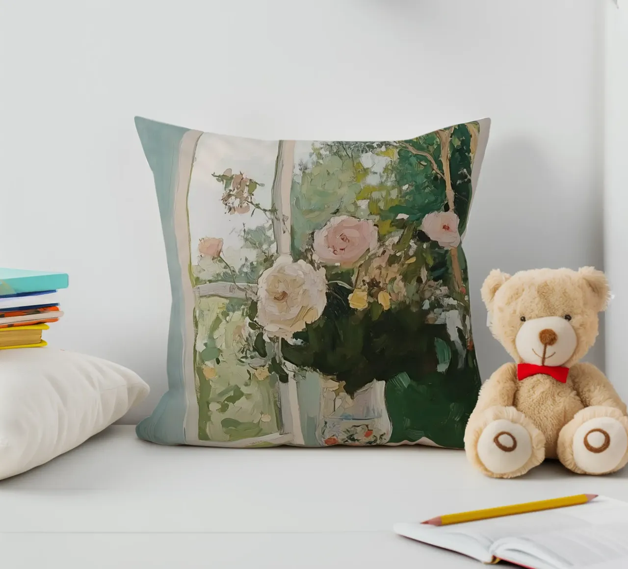 Bloemen in Vaas, Open Venster, Abstracte Botanische Kunst, Bloemig kussen van Little Lila