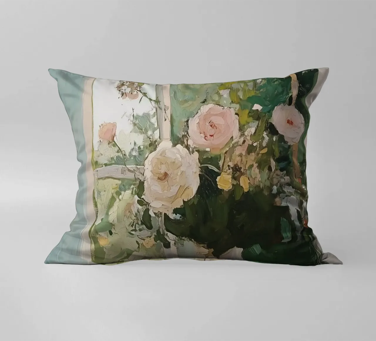 Bloemen in Vaas, Open Venster, Abstracte Botanische Kunst, Bloemig kussen van Little Lila