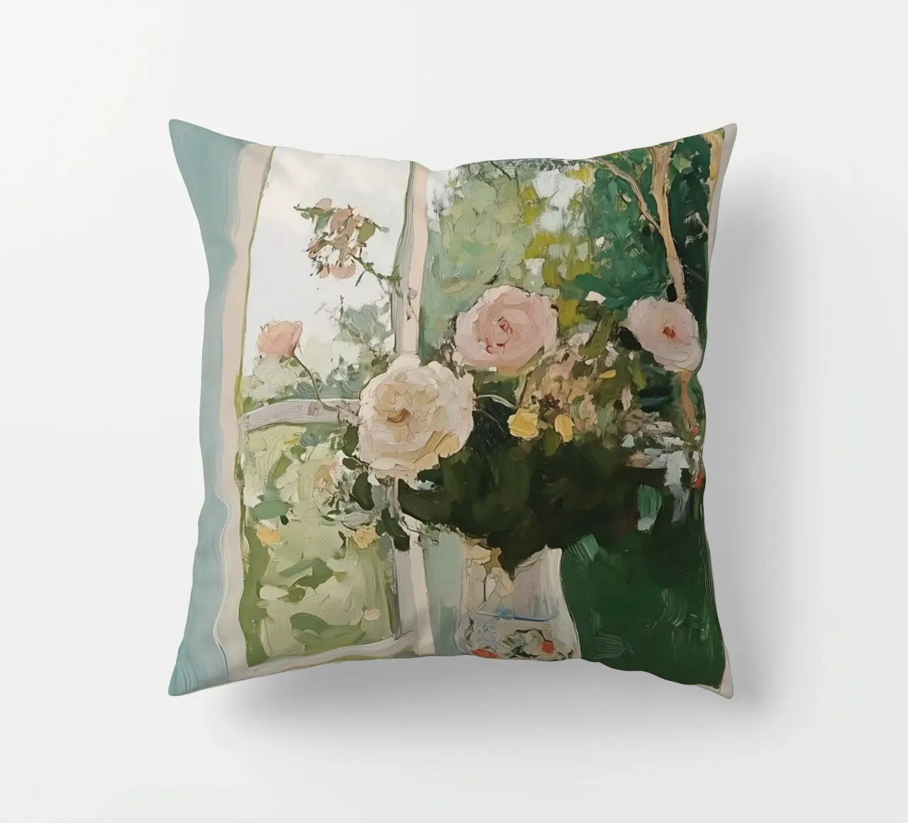 Bloemen in Vaas, Open Venster, Abstracte Botanische Kunst, Bloemig kussen van Little Lila