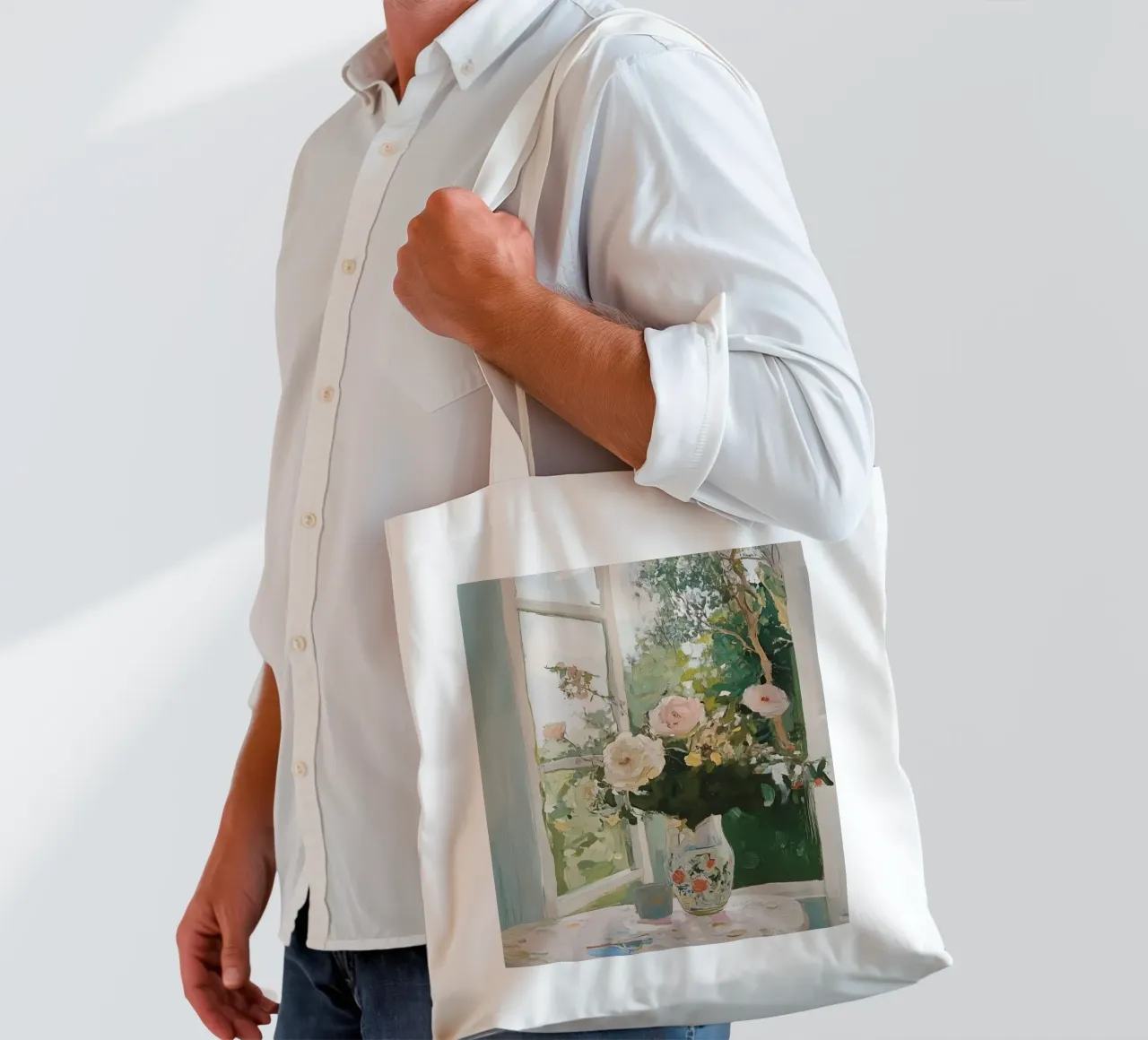 Bloemen in Vaas, Open Venster, Abstracte Botanische Kunst, Bloemig jute draagtas van Little Lila