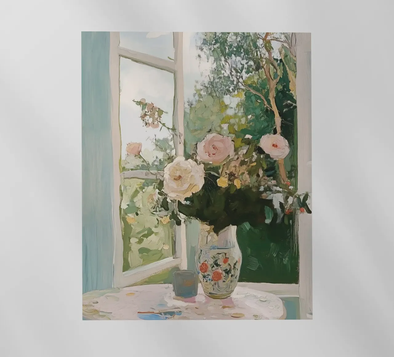 Bloemen in Vaas, Open Venster, Abstracte Botanische Kunst, Bloemig backlit folie van Little Lila