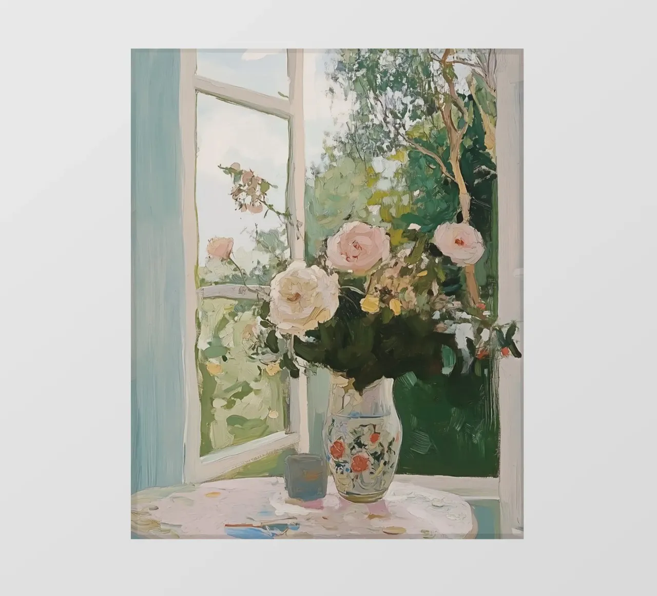 Bloemen in Vaas, Open Venster, Abstracte Botanische Kunst, Bloemig backlit folie van Little Lila