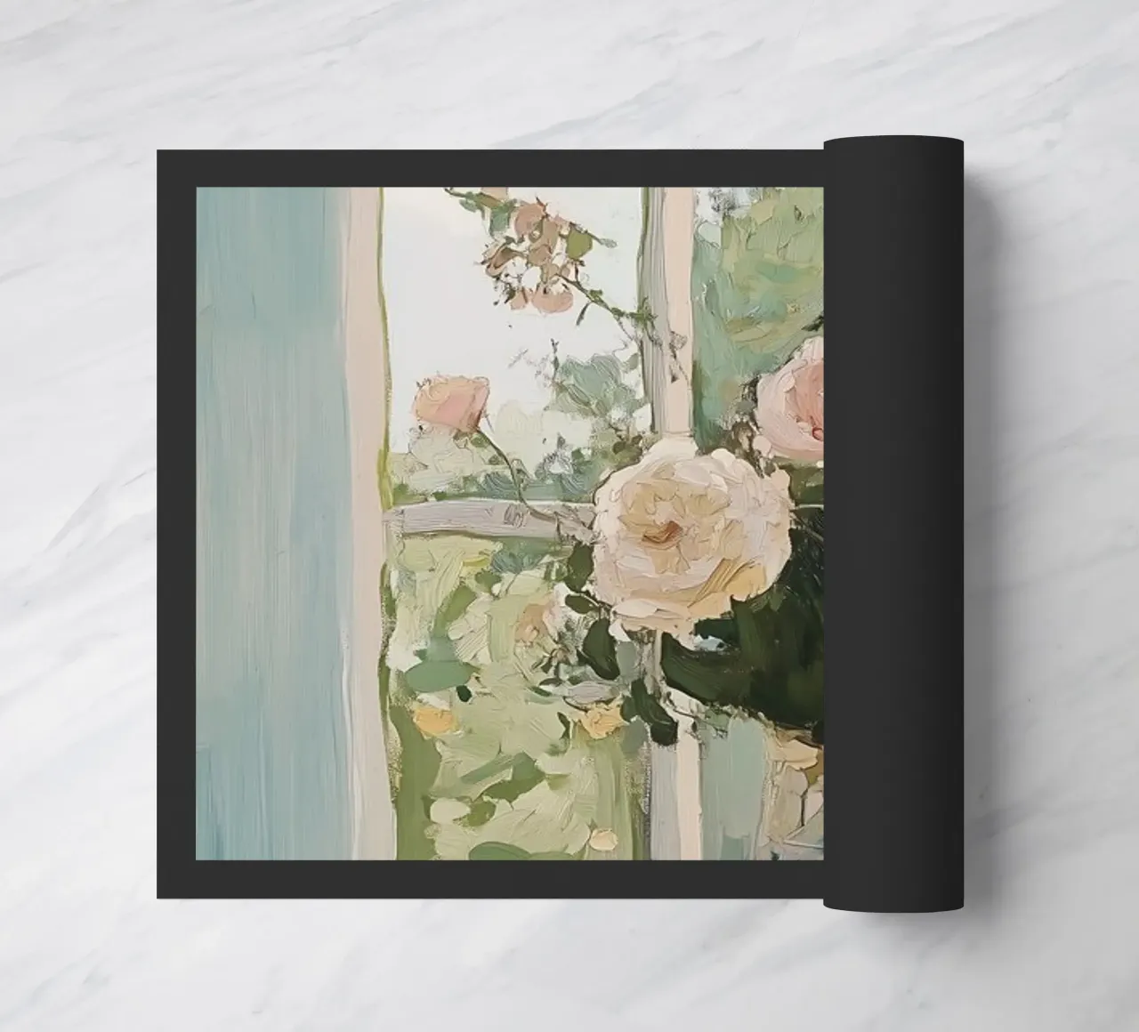Bloemen in Vaas, Open Venster, Abstracte Botanische Kunst, Bloemig deurmat van Little Lila