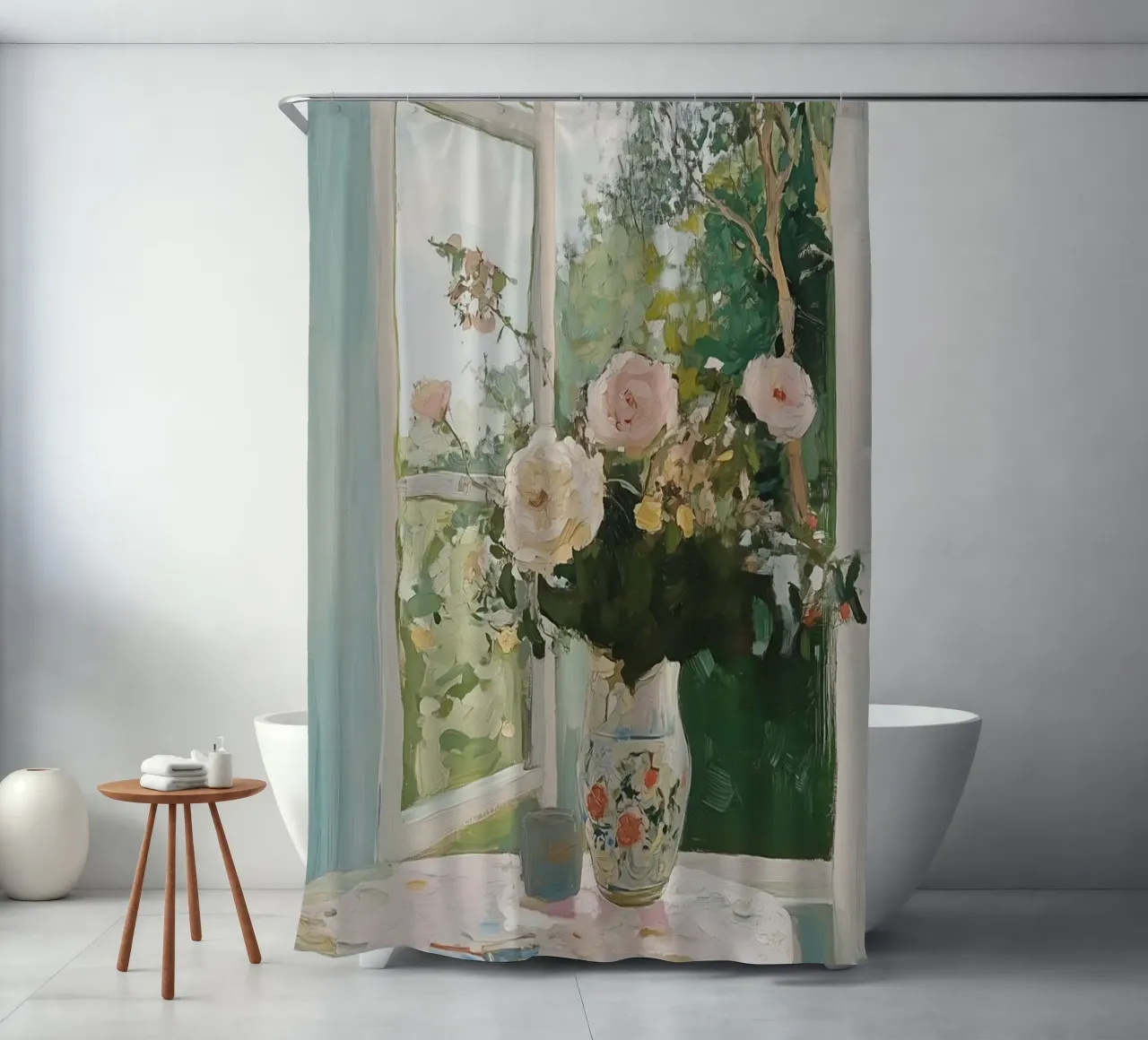 Bloemen in Vaas, Open Venster, Abstracte Botanische Kunst, Bloemig douchegordijn van Little Lila