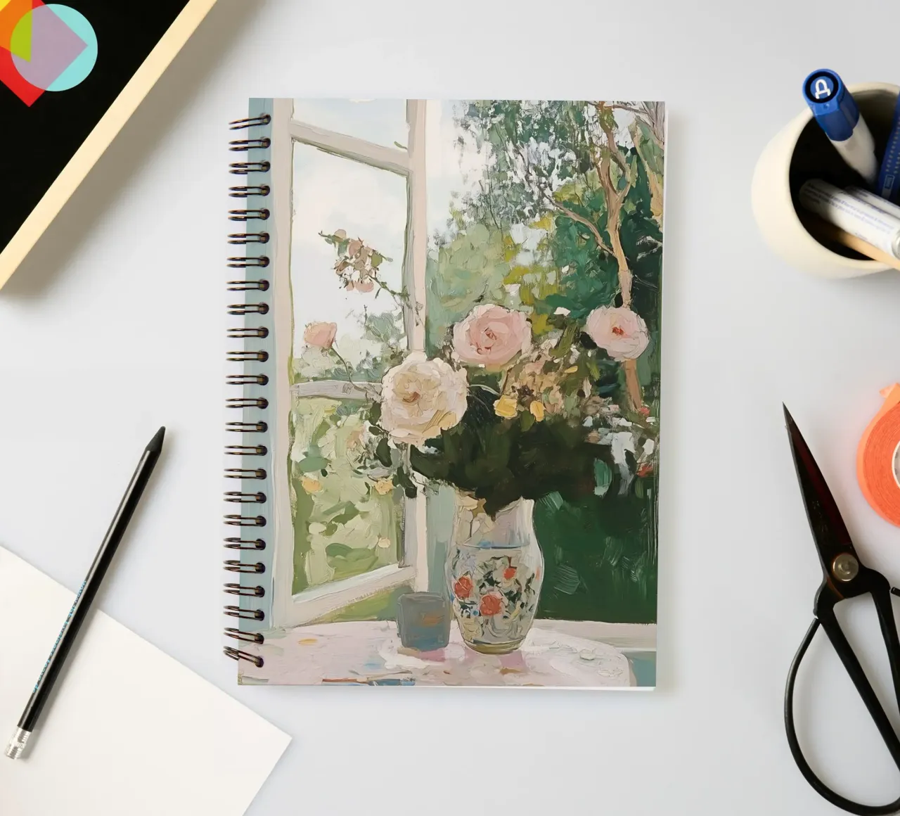 Flowers in Vase, Open Window, Abstract Botanical Art, Floral spiral notebook by Little Lila