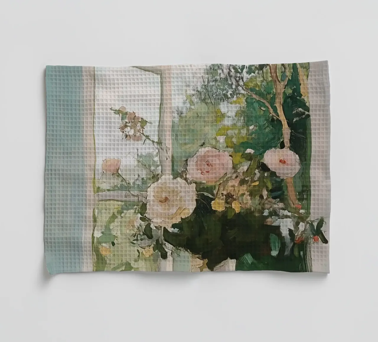 Bloemen in Vaas, Open Venster, Abstracte Botanische Kunst, Bloemig theedoek van Little Lila