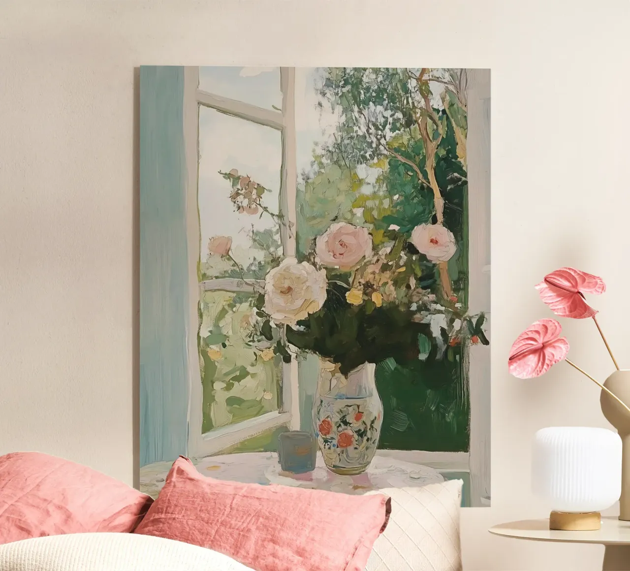 Bloemen in Vaas, Open Venster, Abstracte Botanische Kunst, Bloemig acryl van Little Lila