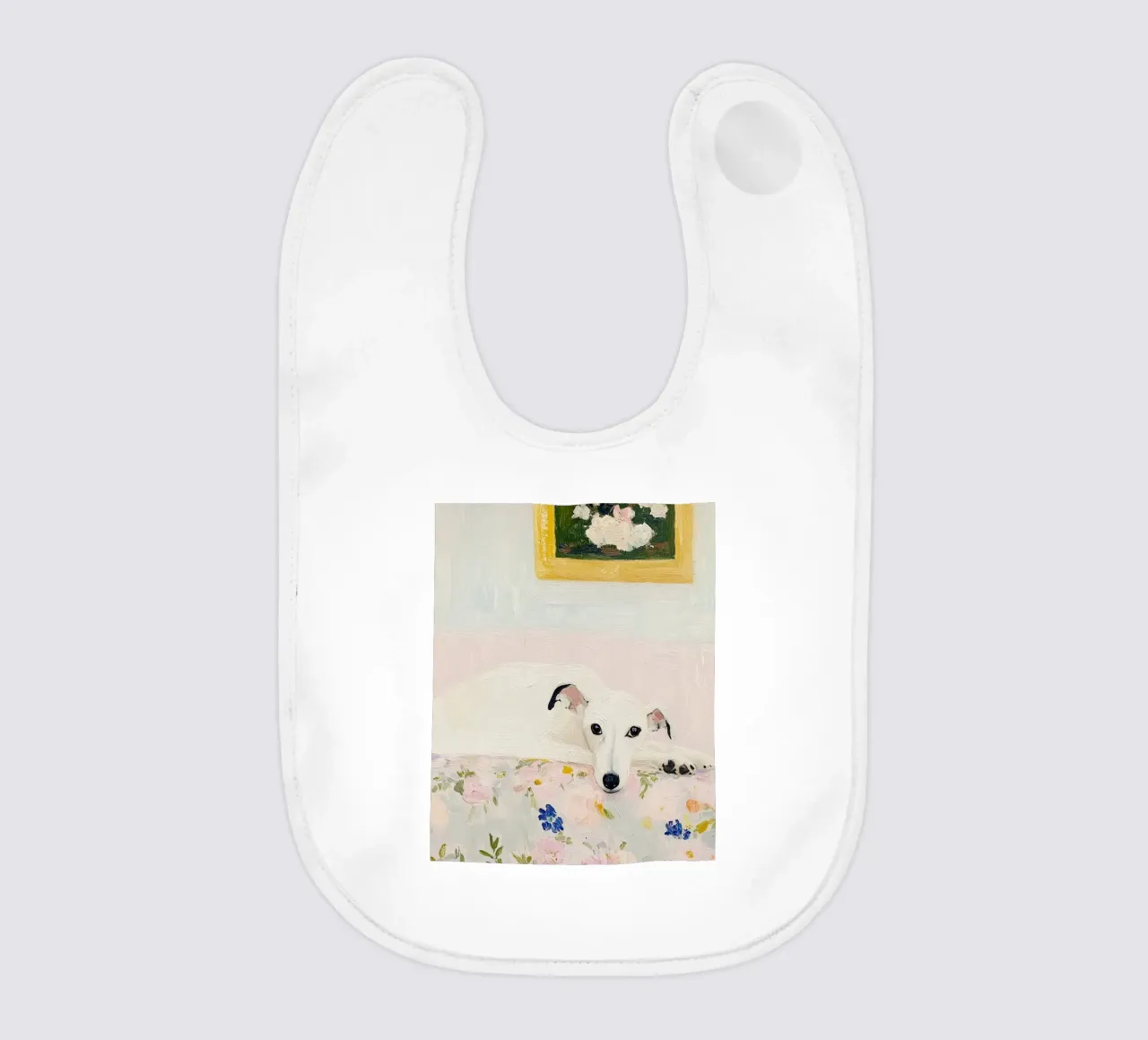 Cane Whippet bianco con fiori, stampa country bavaglino da Little Lila