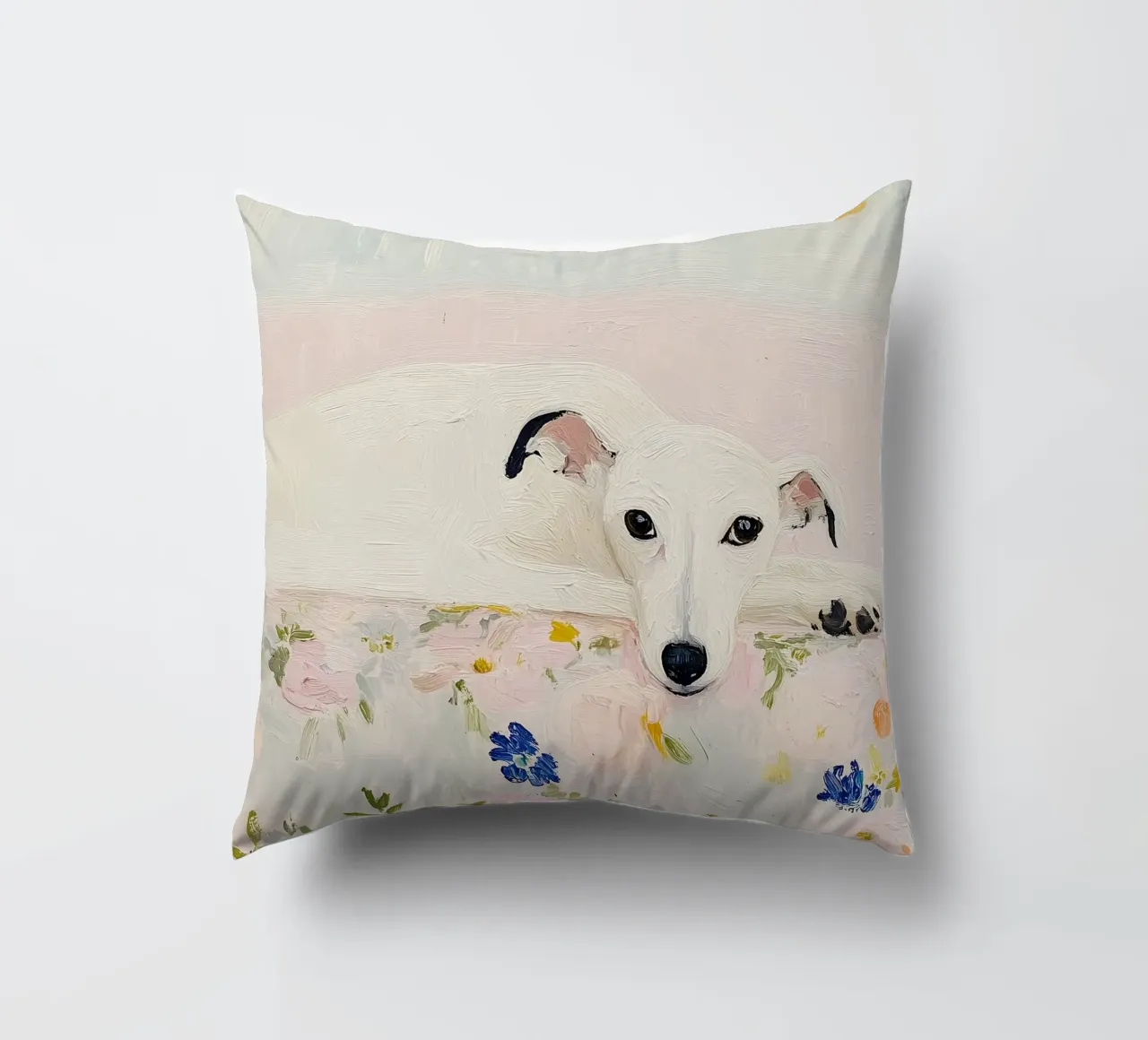 Cane Whippet bianco con fiori, stampa country cuscino da Little Lila