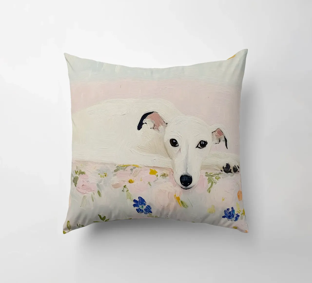 Cane Whippet bianco con fiori, stampa country cuscino da Little Lila