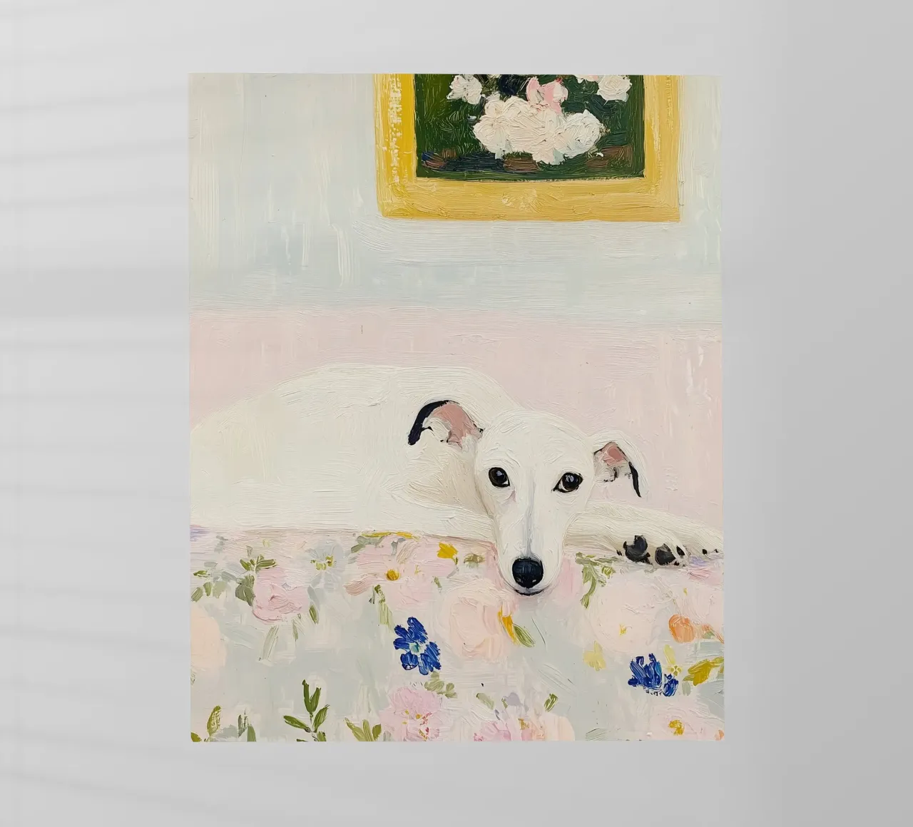 Cane Whippet bianco con fiori, stampa country pellicola backlit da Little Lila