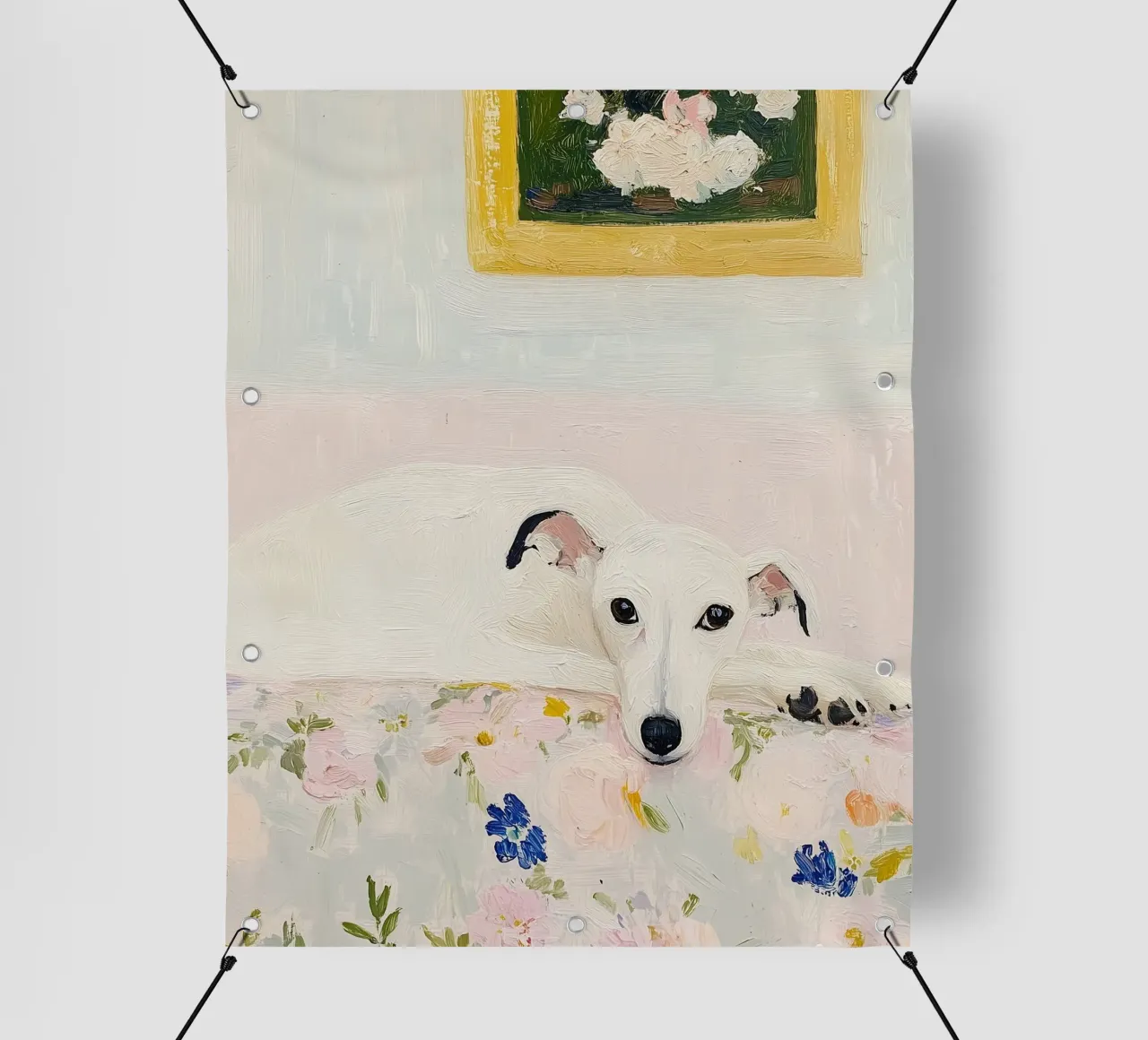 Cane Whippet bianco con fiori, stampa country telo in pvc da Little Lila