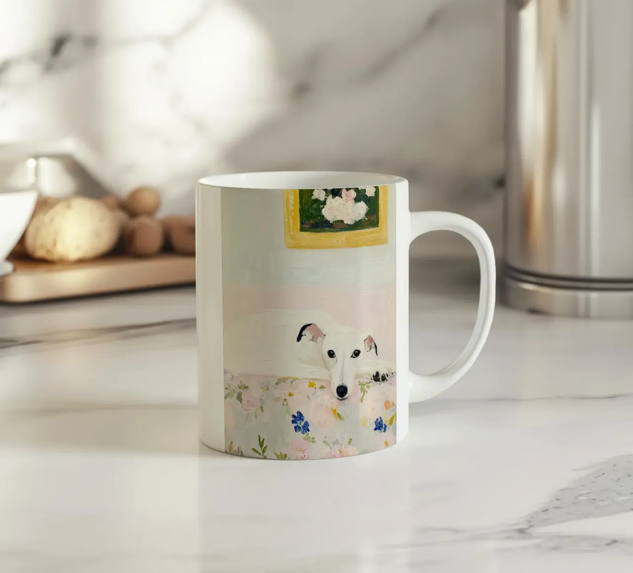 Cane Whippet bianco con fiori, stampa country tazza in ceramica da Little Lila