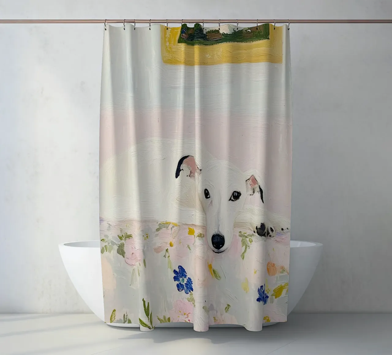 Weißer Whippet-Hund mit Blumen, Landhausdruck Duschvorhang von Little Lila