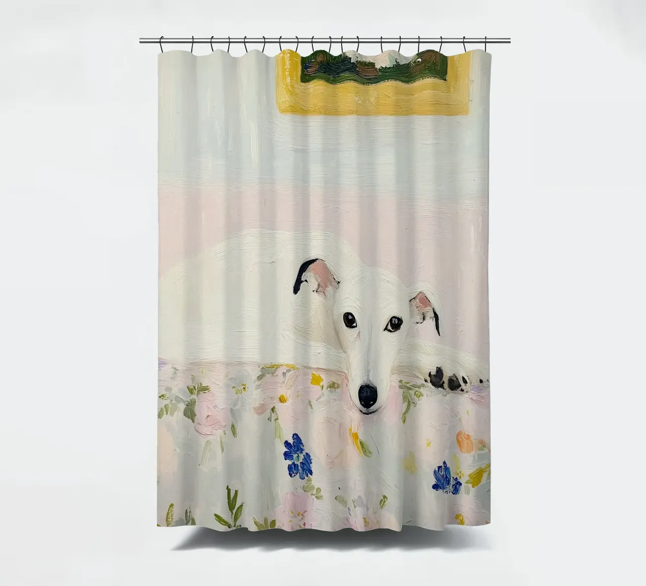 Weißer Whippet-Hund mit Blumen, Landhausdruck Duschvorhang von Little Lila