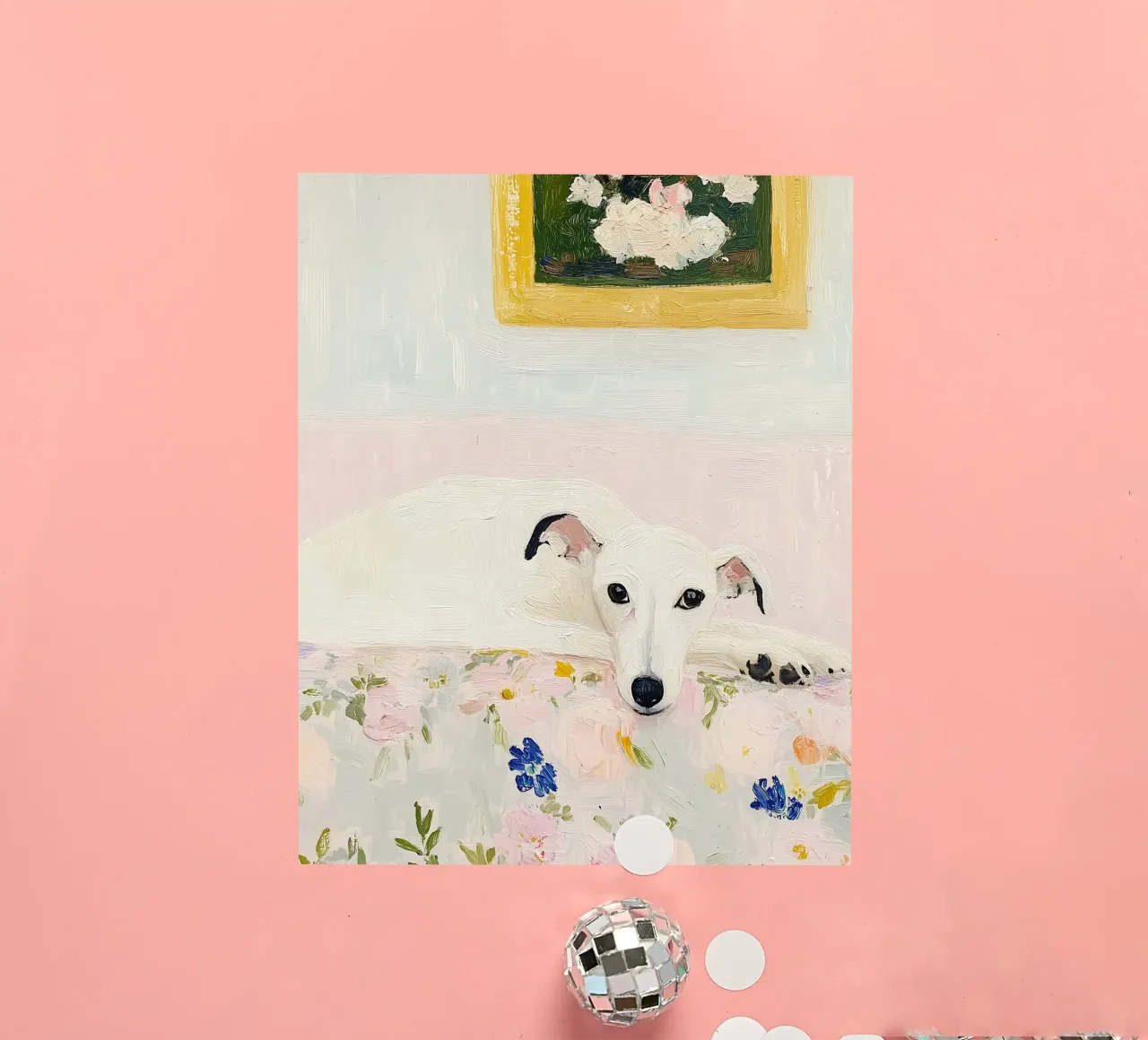 Chien blanc Whippet avec des fleurs, Country Print autocollant de Little Lila