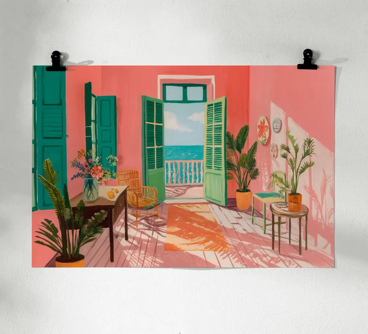 Voyage d'été avec vue sur la mer poster avec cadre en bois de Carinaprint