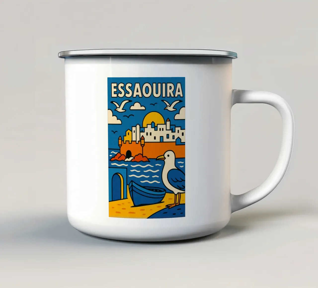 Essaouira - Sole, spruzzi di mare e pareti bianche tazza in smalto da JETLAG | affiches voyage