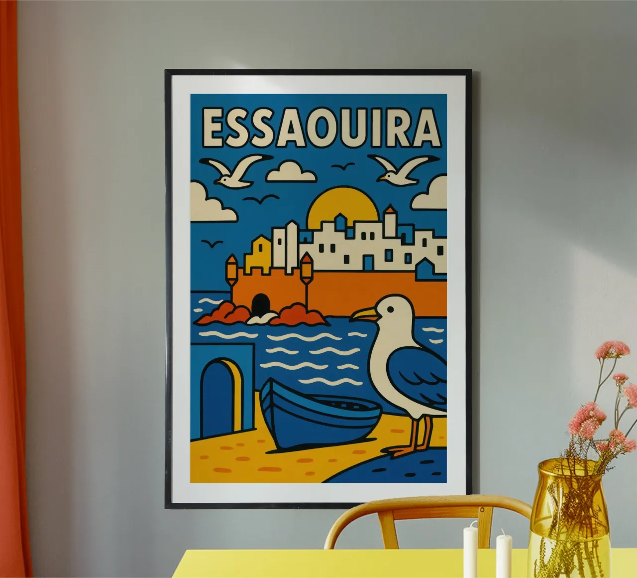 Essaouira - Sole, spruzzi di mare e pareti bianche poster con telaio in legno da JETLAG | affiches voyage