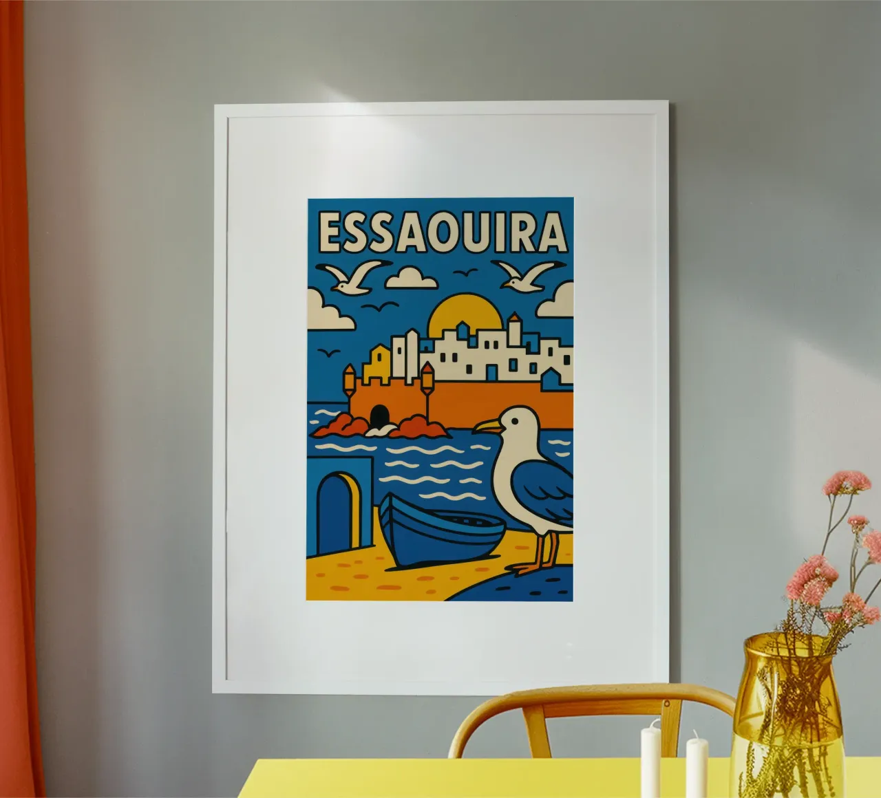 Essaouira - Sole, spruzzi di mare e pareti bianche poster con telaio in legno da JETLAG | affiches voyage