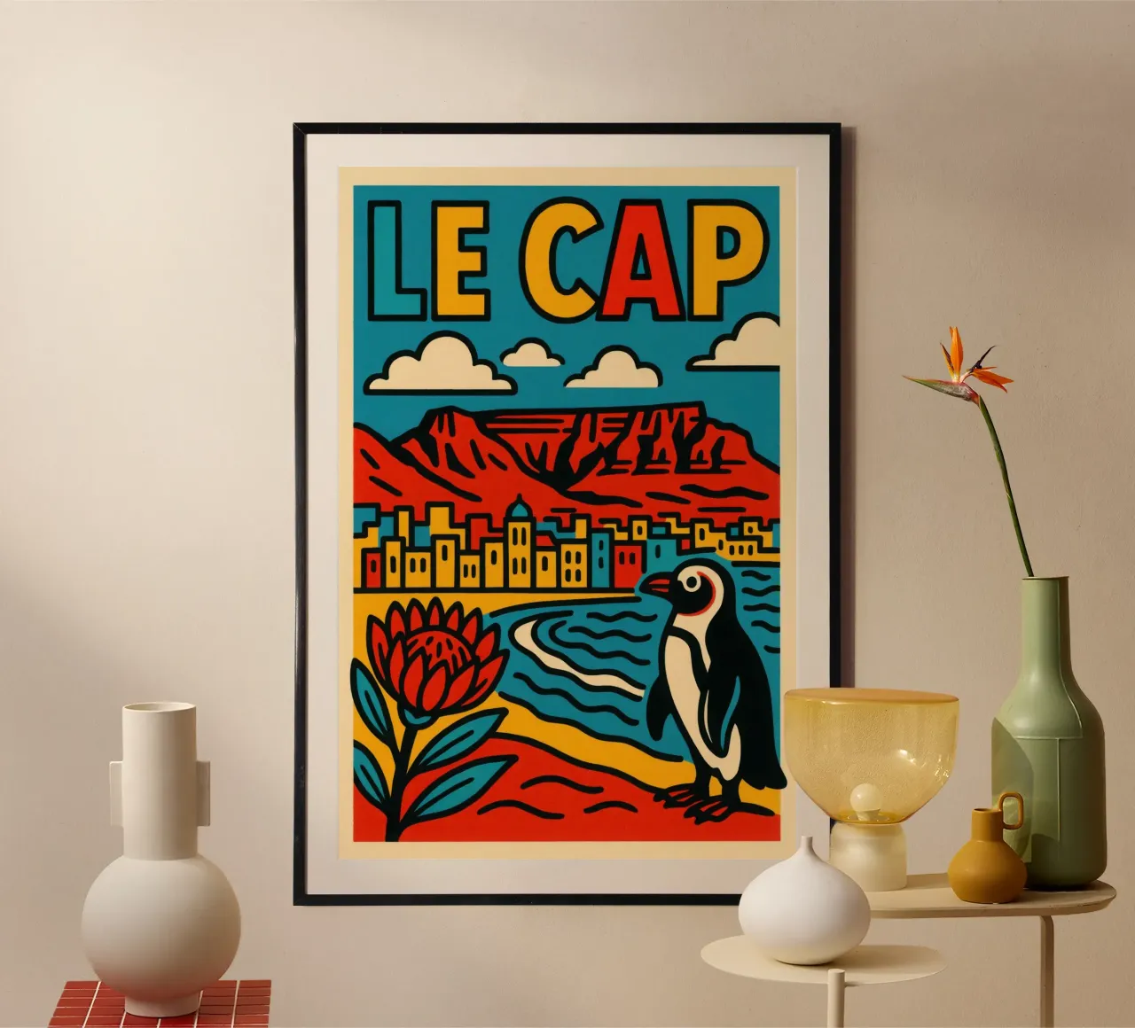 Città del Capo - Tra terra rossa e oceano blu poster con telaio in legno da JETLAG | affiches voyage