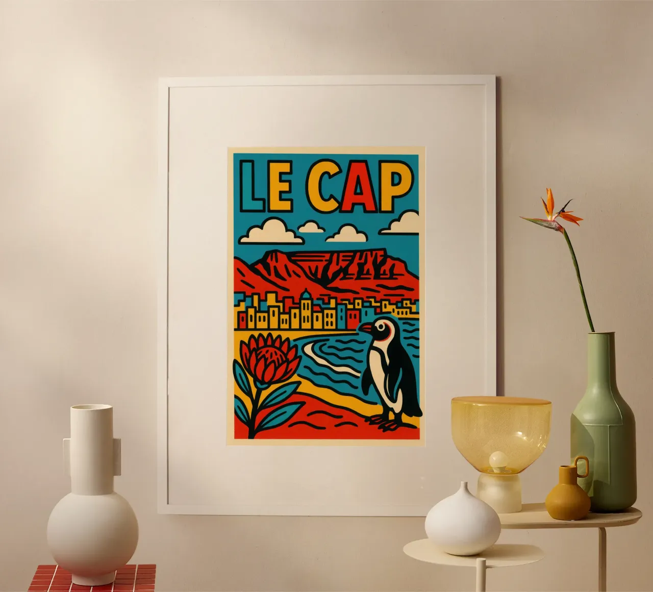 Città del Capo - Tra terra rossa e oceano blu poster con telaio in legno da JETLAG | affiches voyage