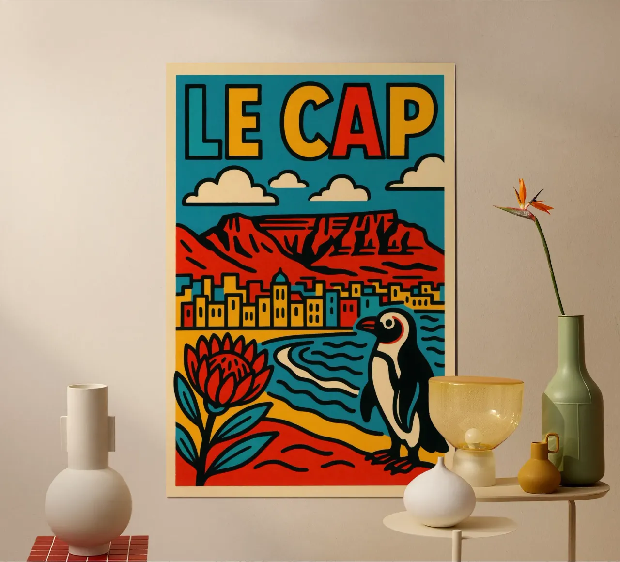 Città del Capo - Tra terra rossa e oceano blu poster con telaio in legno da JETLAG | affiches voyage